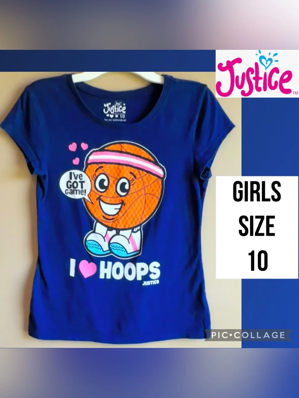 Justice Girls T-Shirt Basketball Hoops I’ve Got Game Blue Short Sleeve Cotton 10